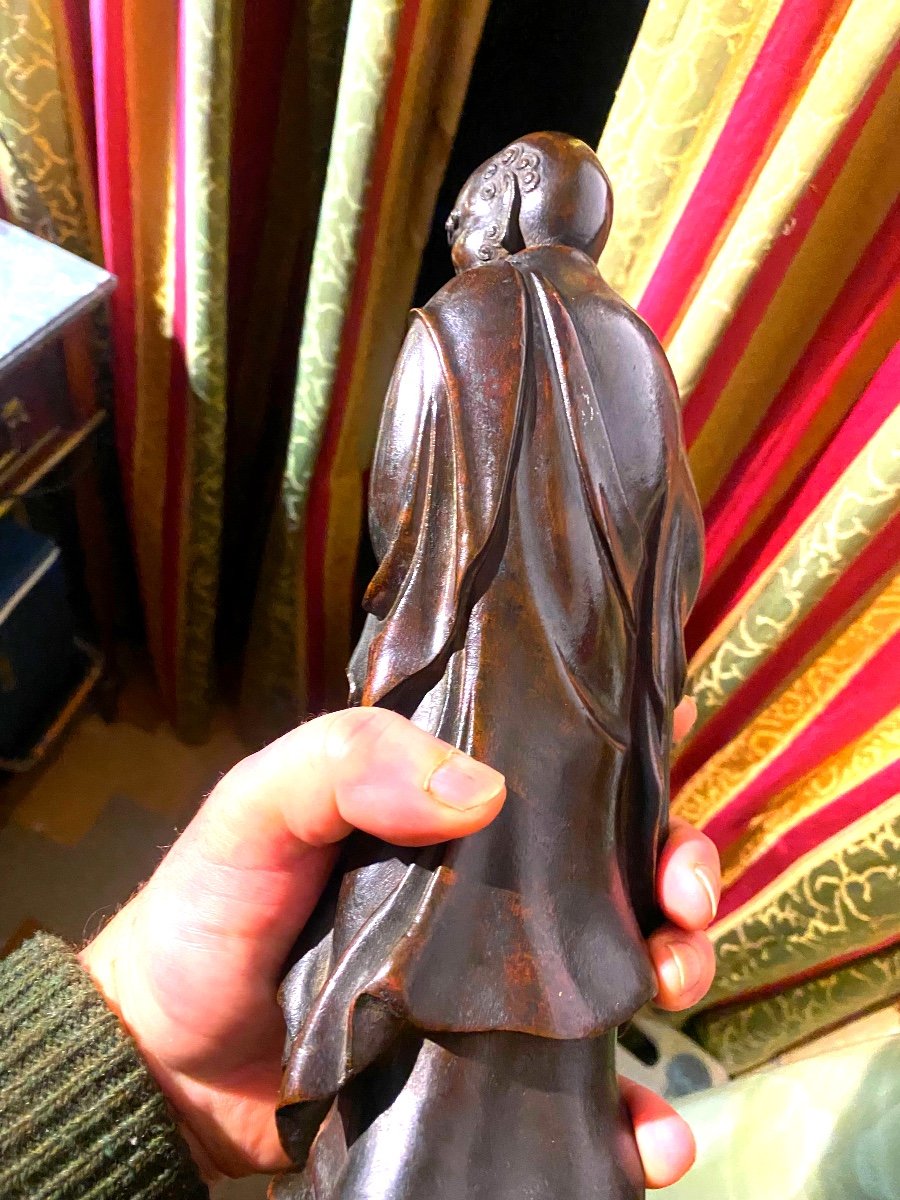 Rare Bronze "le Bodhidharma" Début 18ème Chinois Debout Enveloppé Dans Son Habit De Moine-photo-5