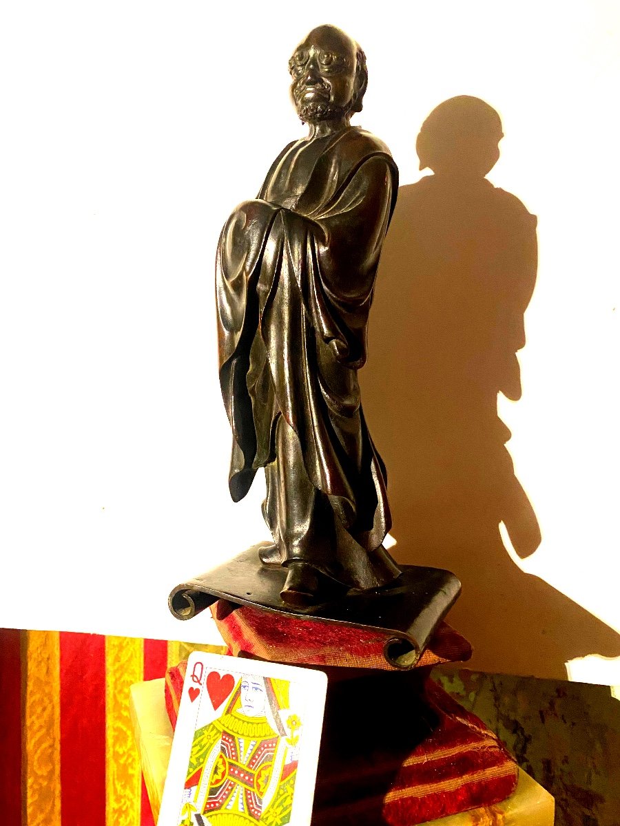 Rare Bronze "the Bodhidharma" Early 18th Century Chinese Standing Wrapped In His Monk's Habit