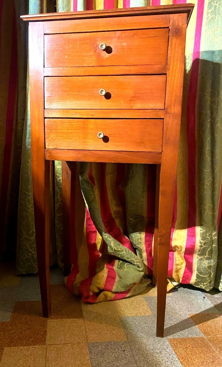 Simple And Elegant Three-drawer Chiffoniere, Sheathed Legs, In Solid Cherry Wood, Directoire Period