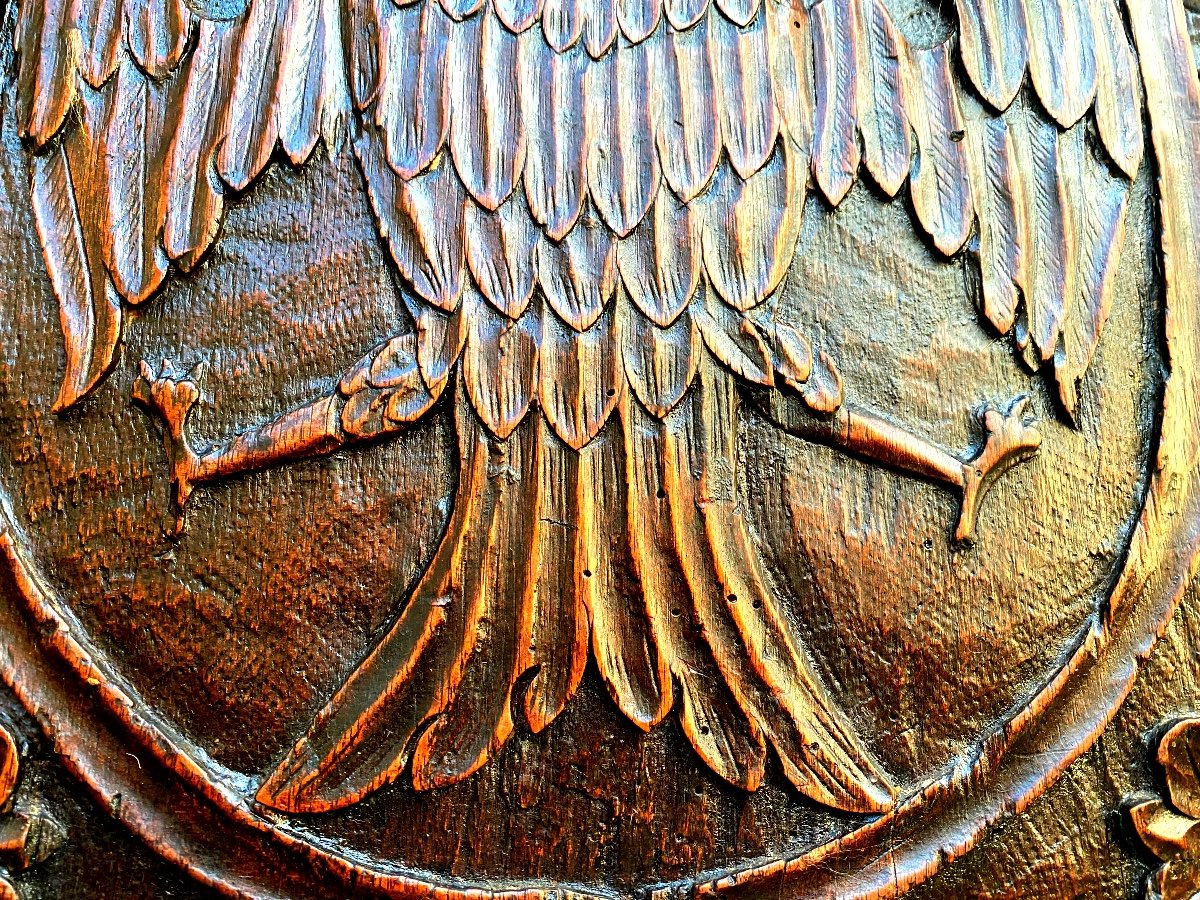 Renaissance Furniture Panel In Patinated Walnut With: Crowned "double-headed Eagle" Framed With Flowers-photo-1