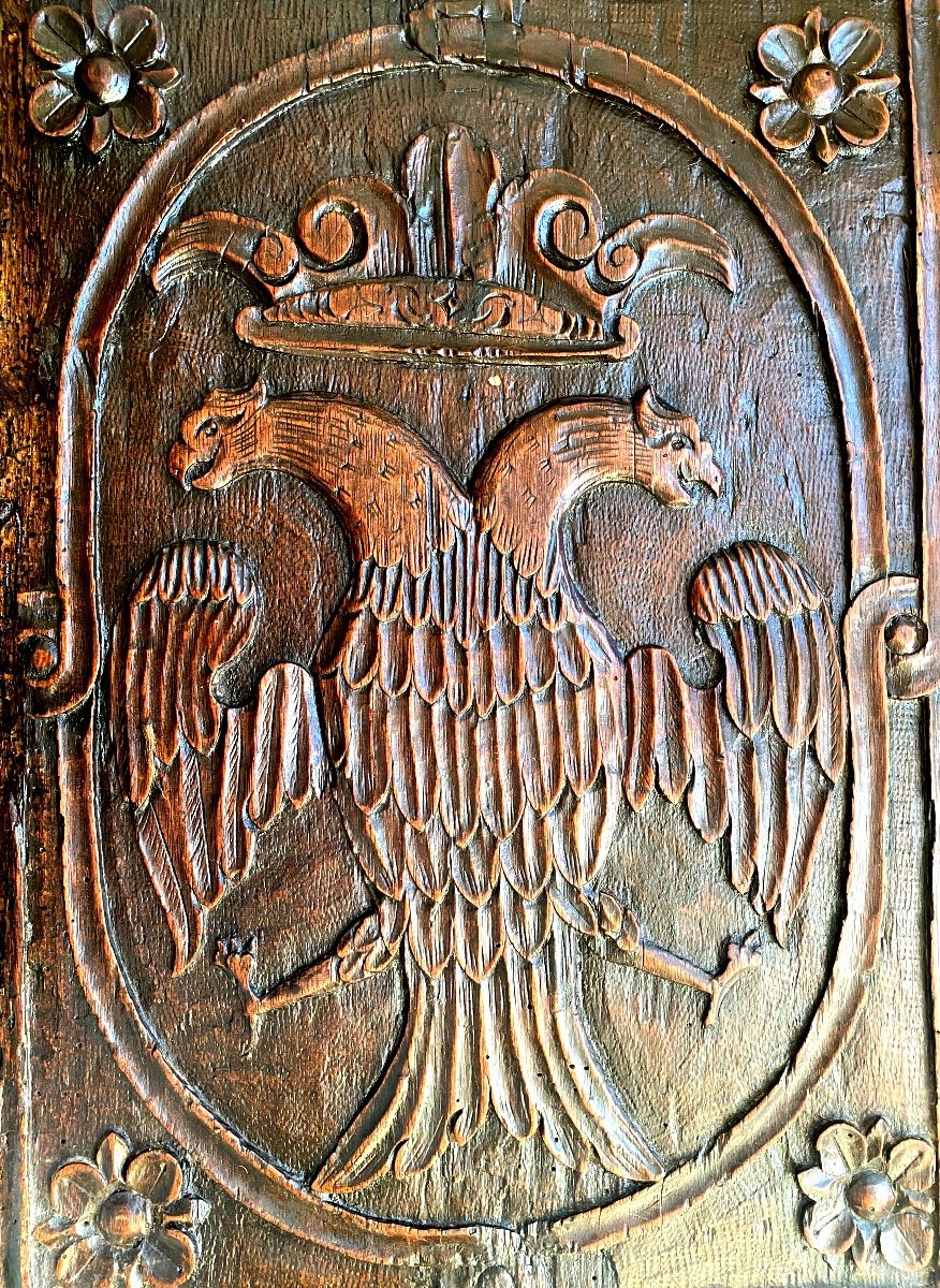 Renaissance Furniture Panel In Patinated Walnut With: Crowned "double-headed Eagle" Framed With Flowers-photo-5