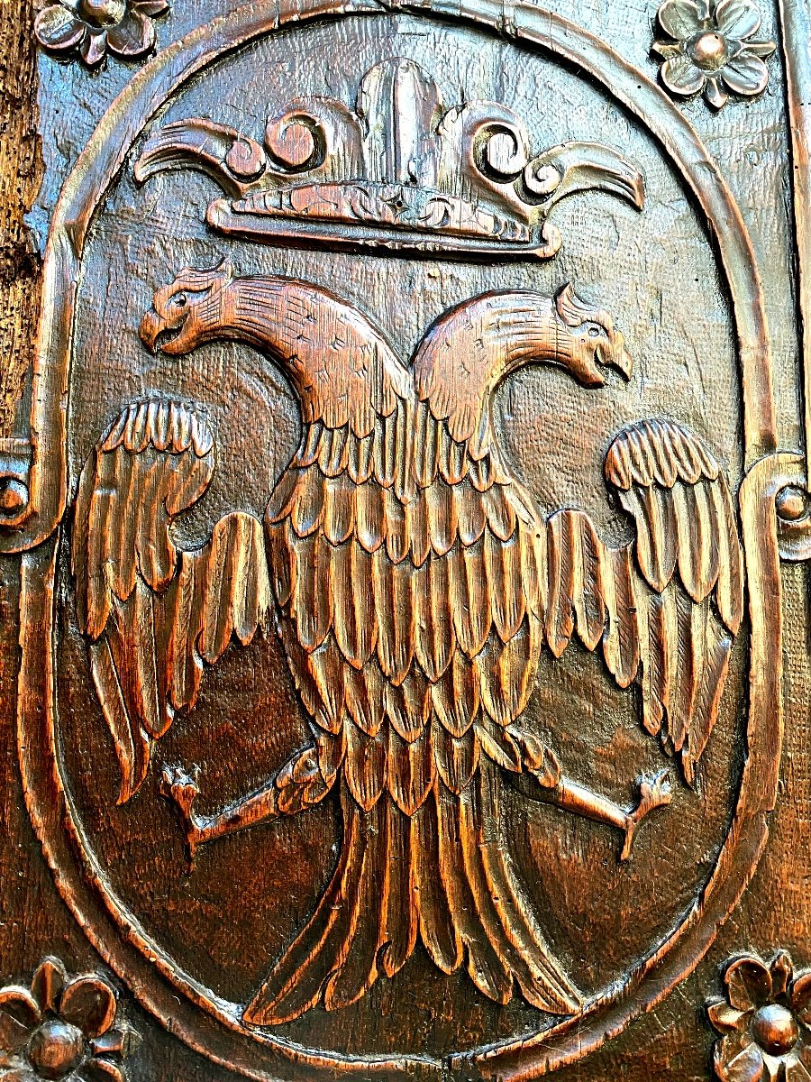 Renaissance Furniture Panel In Patinated Walnut With: Crowned "double-headed Eagle" Framed With Flowers-photo-7