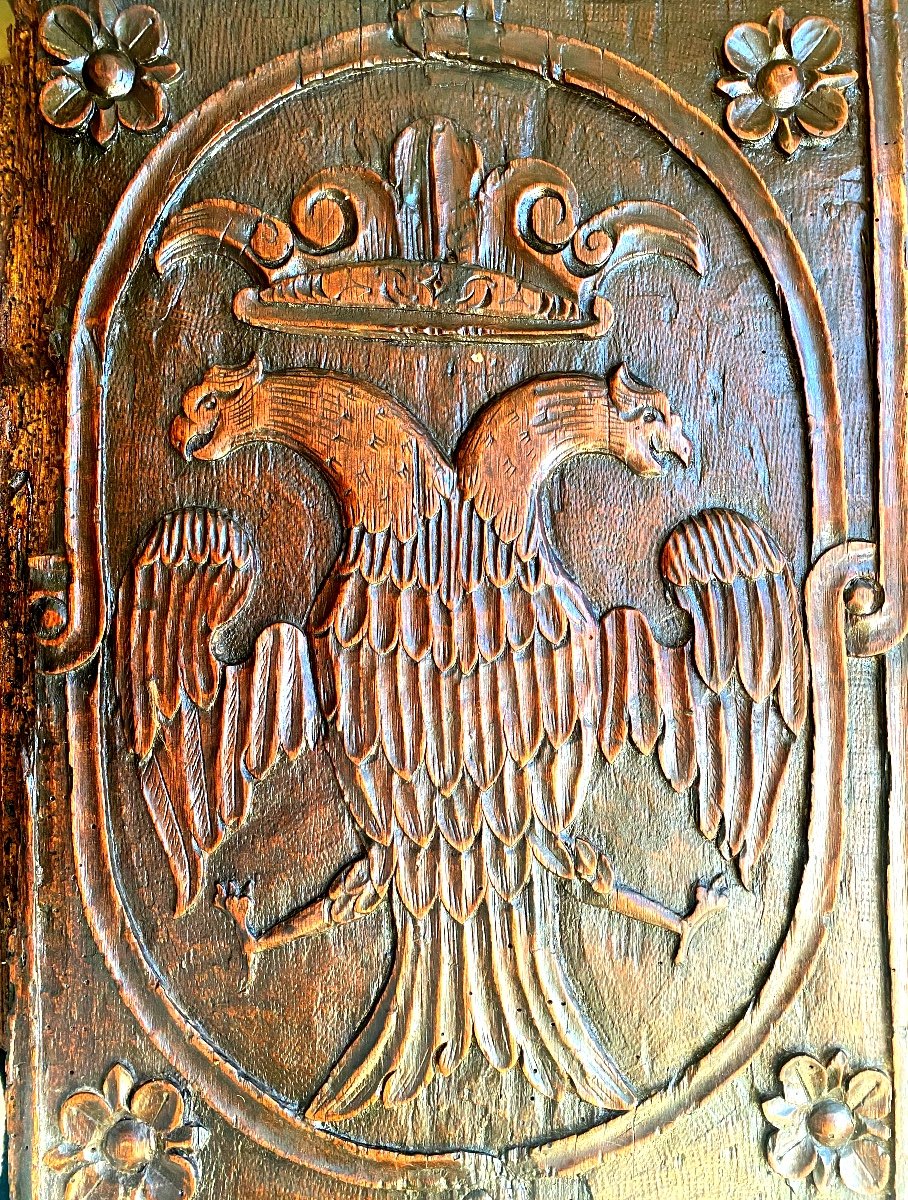 Renaissance Furniture Panel In Patinated Walnut With: Crowned "double-headed Eagle" Framed With Flowers