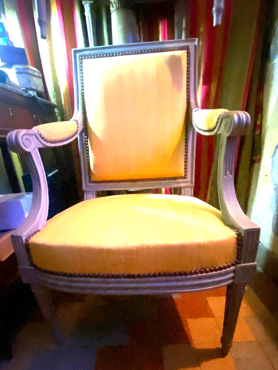 Pair Of Louis XVI"  P. Pillot, Period Square Back Armchairs In Grey Lacquered Beech-photo-4