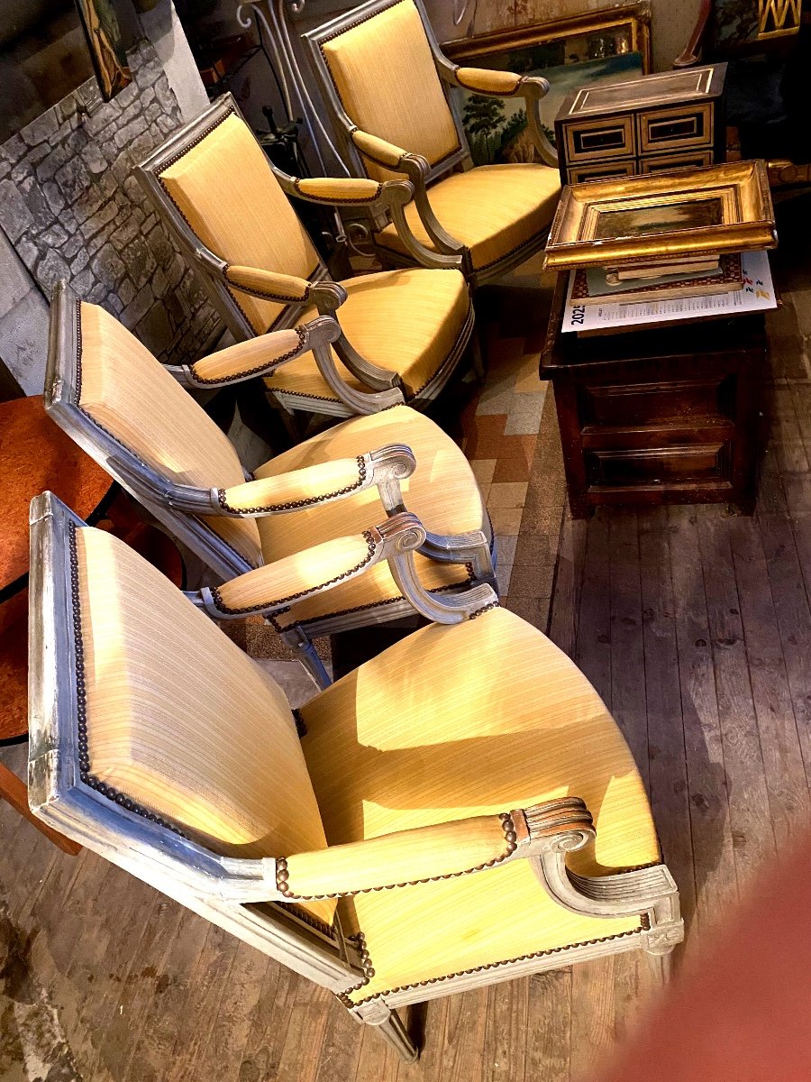 Pair Of Louis XVI"  P. Pillot, Period Square Back Armchairs In Grey Lacquered Beech-photo-8