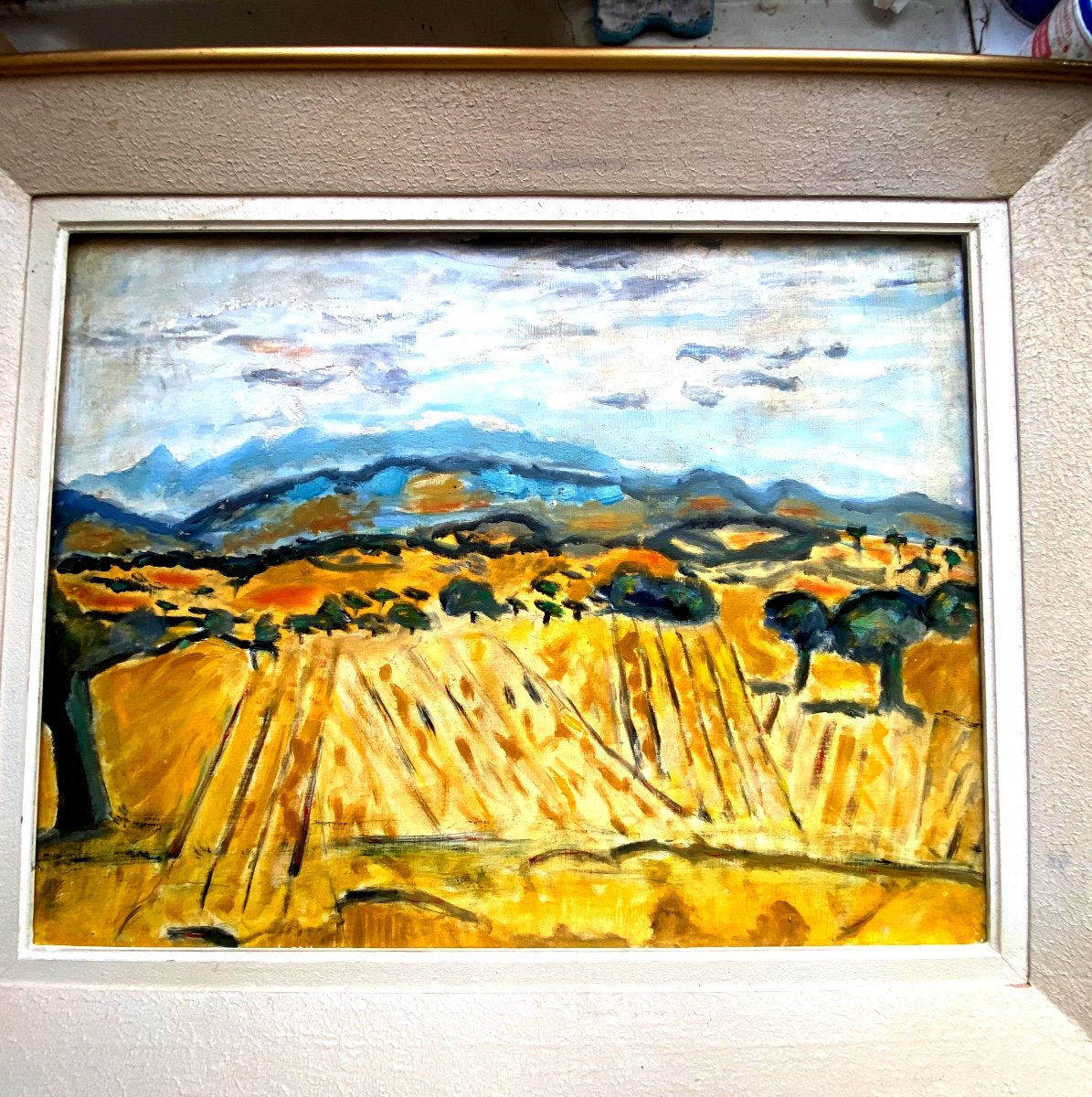 Large Provencal Landscape Les Dentelles, Oil On Canvas From The Mid 20th Century By Franklin Roudybush