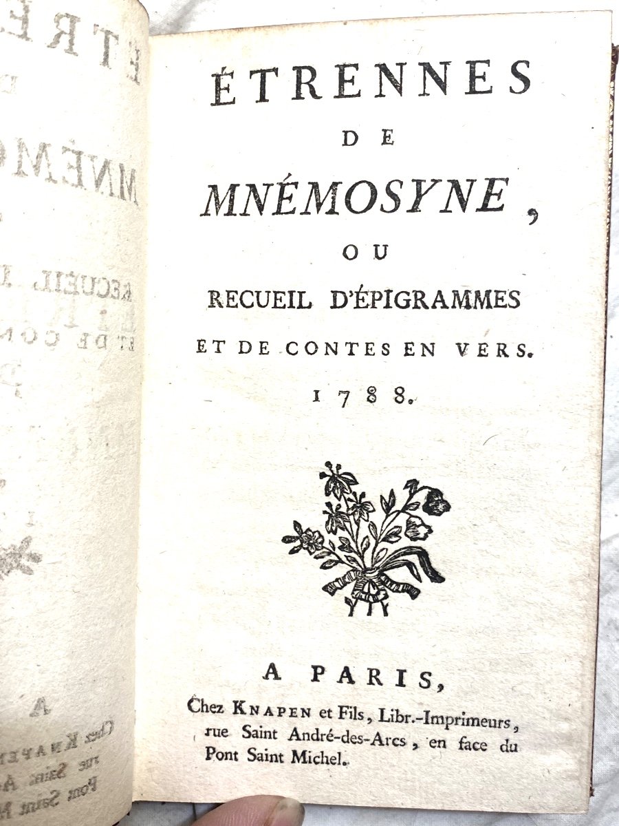 "Etrennes de Mnémosyne, ou Recueil d'Epigrammes et de Contes en Vers" 1788 .Paris, Maroquin Rg.-photo-3