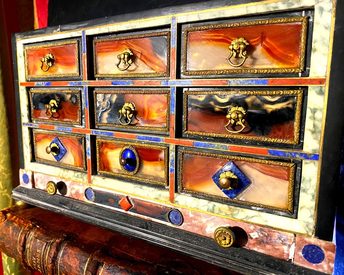 Rare Fine Stone Jewelry Cabinet With Drawers, Renaissance Style, Fully Marquetry On 4 Sides.-photo-2