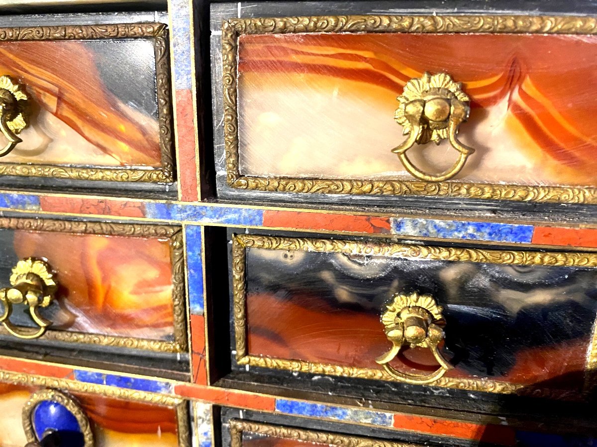 Rare Fine Stone Jewelry Cabinet With Drawers, Renaissance Style, Fully Marquetry On 4 Sides.-photo-4