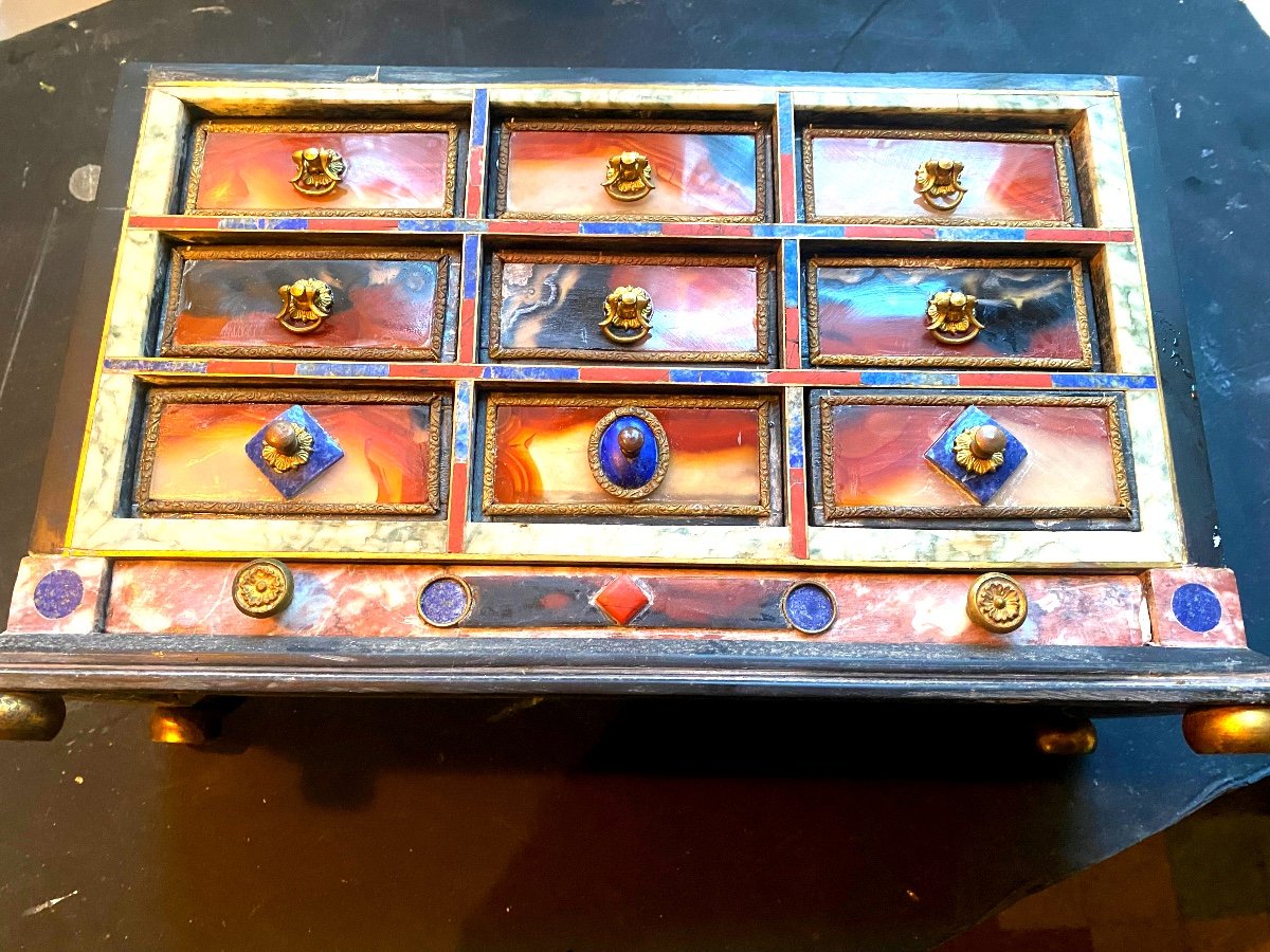 Rare Fine Stone Jewelry Cabinet With Drawers, Renaissance Style, Fully Marquetry On 4 Sides.-photo-8