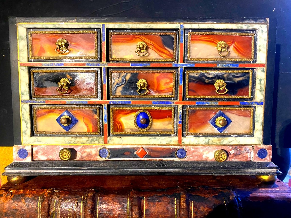 Rare Fine Stone Jewelry Cabinet With Drawers, Renaissance Style, Fully Marquetry On 4 Sides.