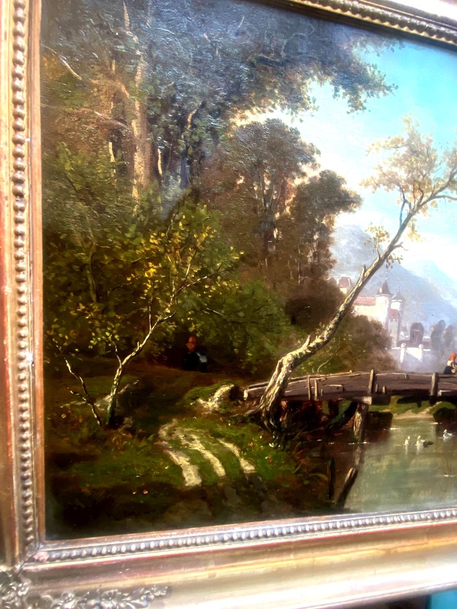 View Of A Valley Of The Isère From A Bridge Over The River Early 19th Century, Gilded Frame, Signed. Renoux -photo-4