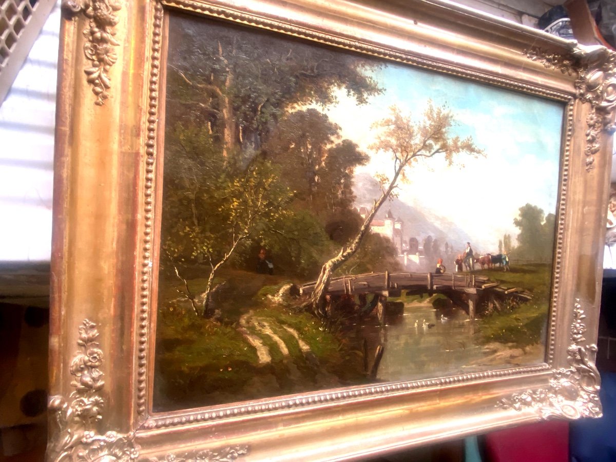 View Of A Valley Of The Isère From A Bridge Over The River Early 19th Century, Gilded Frame, Signed. Renoux -photo-4