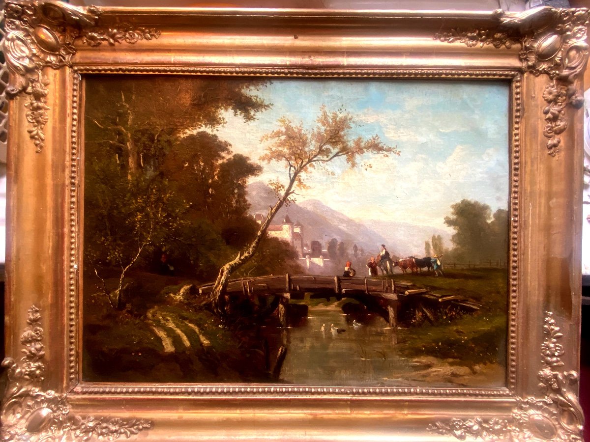 View Of A Valley Of The Isère From A Bridge Over The River Early 19th Century, Gilded Frame, Signed. Renoux -photo-8