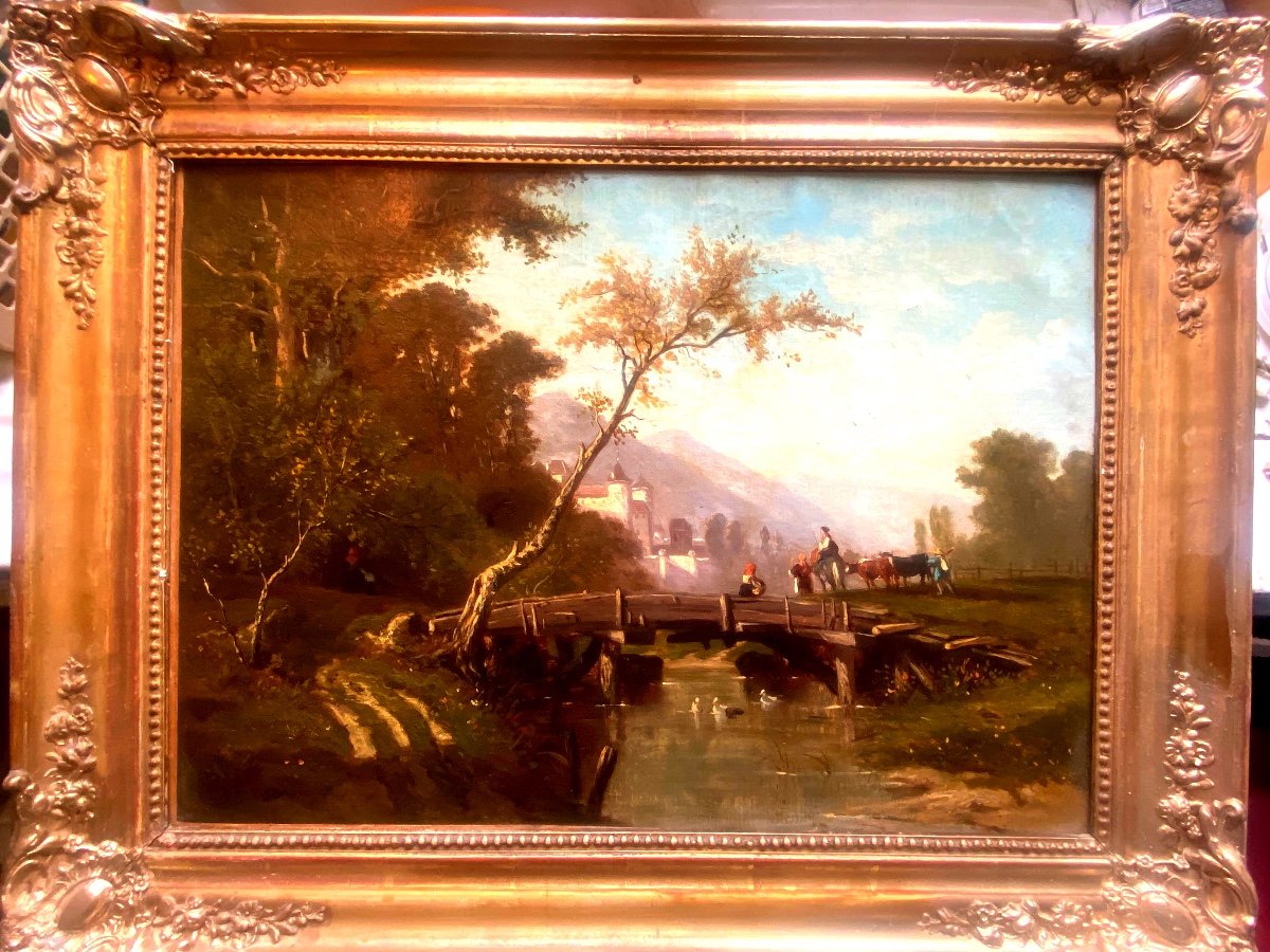 View Of A Valley Of The Isère From A Bridge Over The River Early 19th Century, Gilded Frame, Signed. Renoux 