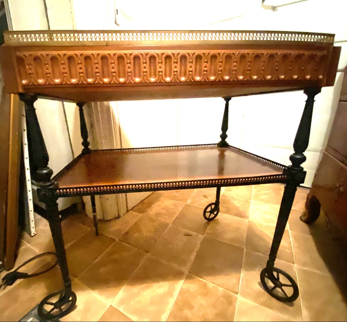 Elegant Napoleon III Style Serving Table, Two Trays, One With Gallery Drawer-photo-4