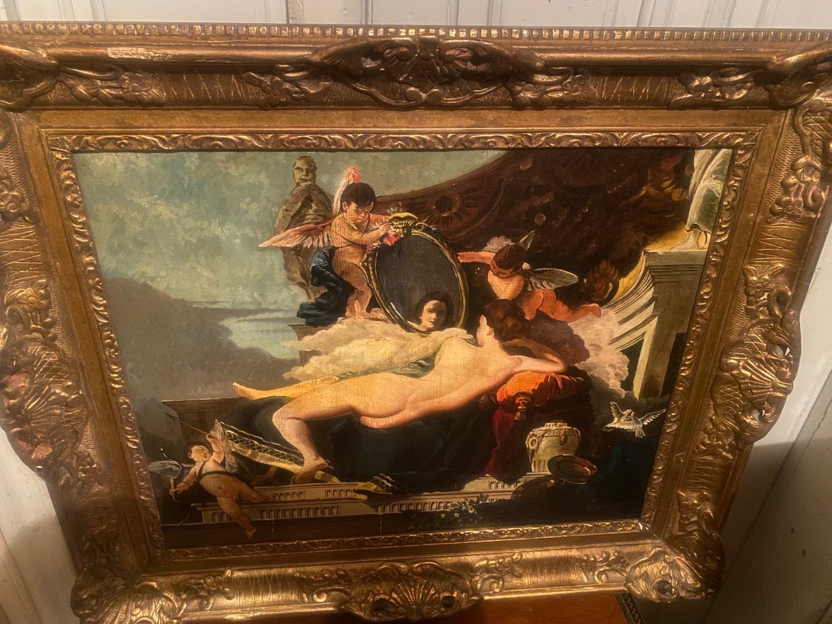  Tableau La Vénus Au Miroir" Grande Huile Sur Toile  Bien Encadrée De Style Baroque ,fin XIXème-photo-1