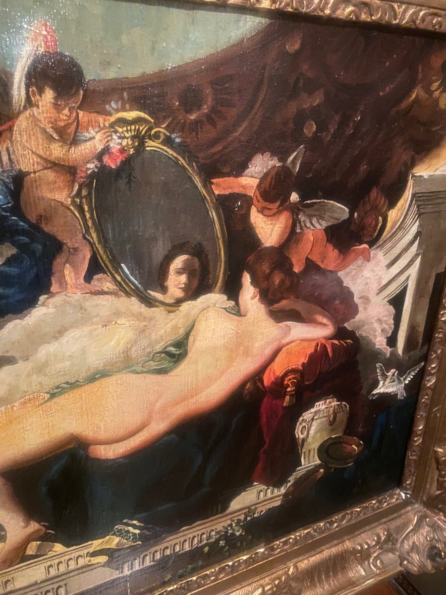  Tableau La Vénus Au Miroir" Grande Huile Sur Toile  Bien Encadrée De Style Baroque ,fin XIXème-photo-6