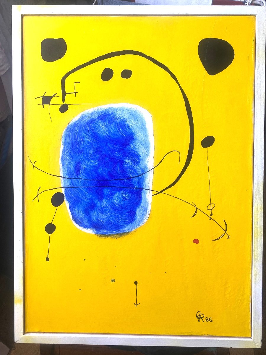 Grande Peinture Fond Jaune Monogrammée G.R. Datée 86 , Ecole De Miro, Acrylique Sur Toile, Enc.-photo-2