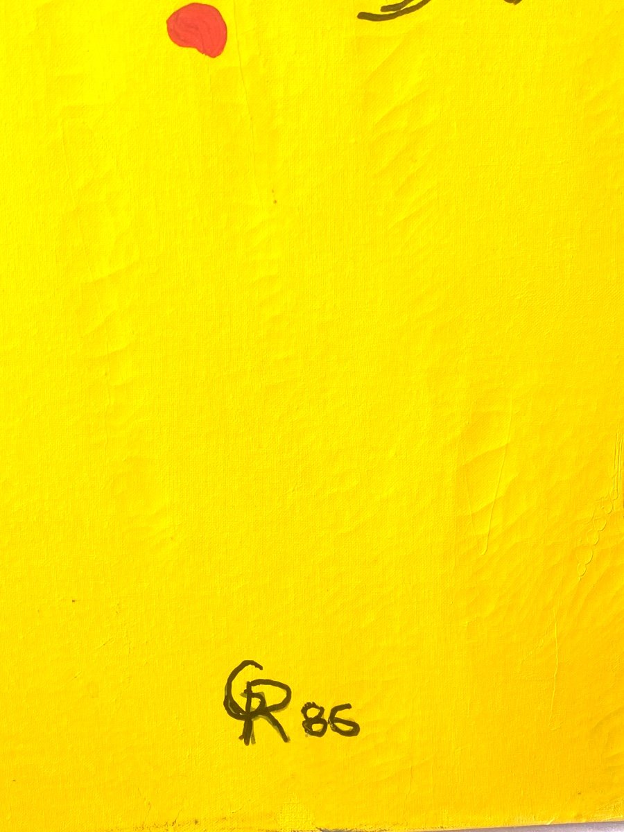 Grande Peinture Fond Jaune Monogrammée G.R. Datée 86 , Ecole De Miro, Acrylique Sur Toile, Enc.-photo-3