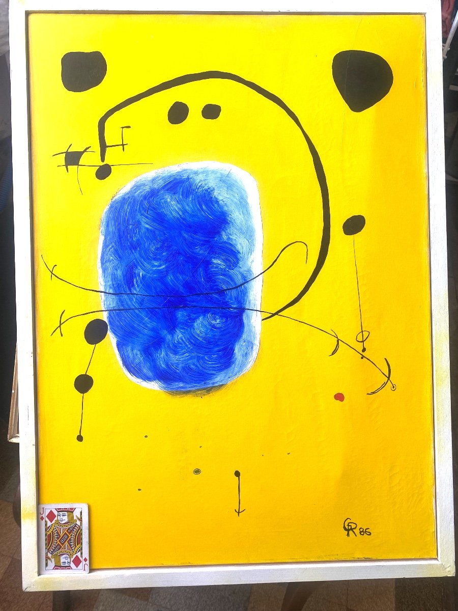 Grande Peinture Fond Jaune Monogrammée G.R. Datée 86 , Ecole De Miro, Acrylique Sur Toile, Enc.-photo-3