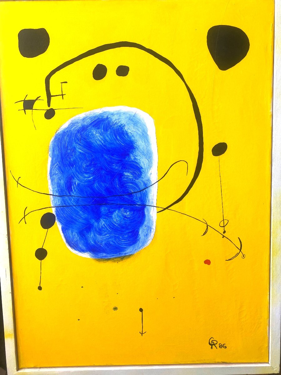 Grande Peinture Fond Jaune Monogrammée G.R. Datée 86 , Ecole De Miro, Acrylique Sur Toile, Enc.-photo-4