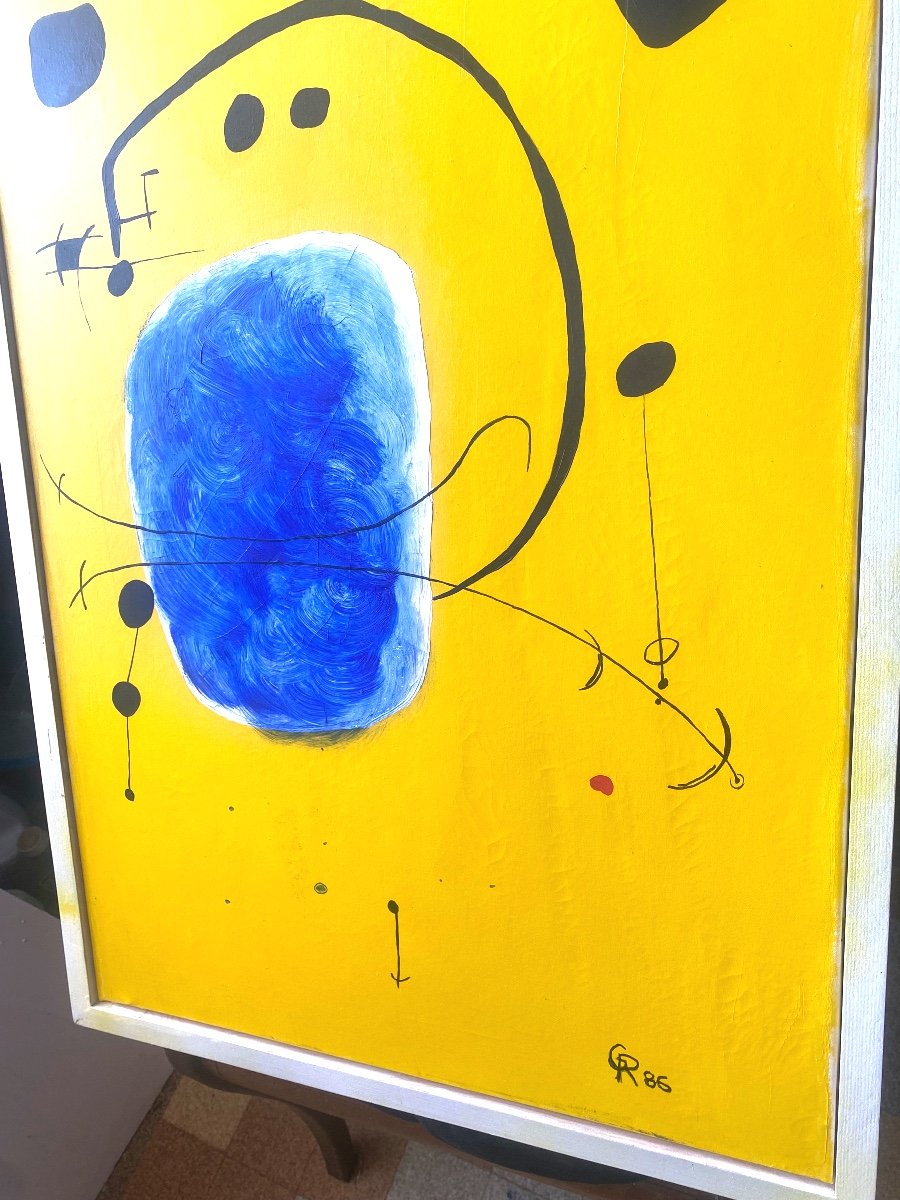 Grande Peinture Fond Jaune Monogrammée G.R. Datée 86 , Ecole De Miro, Acrylique Sur Toile, Enc.-photo-5