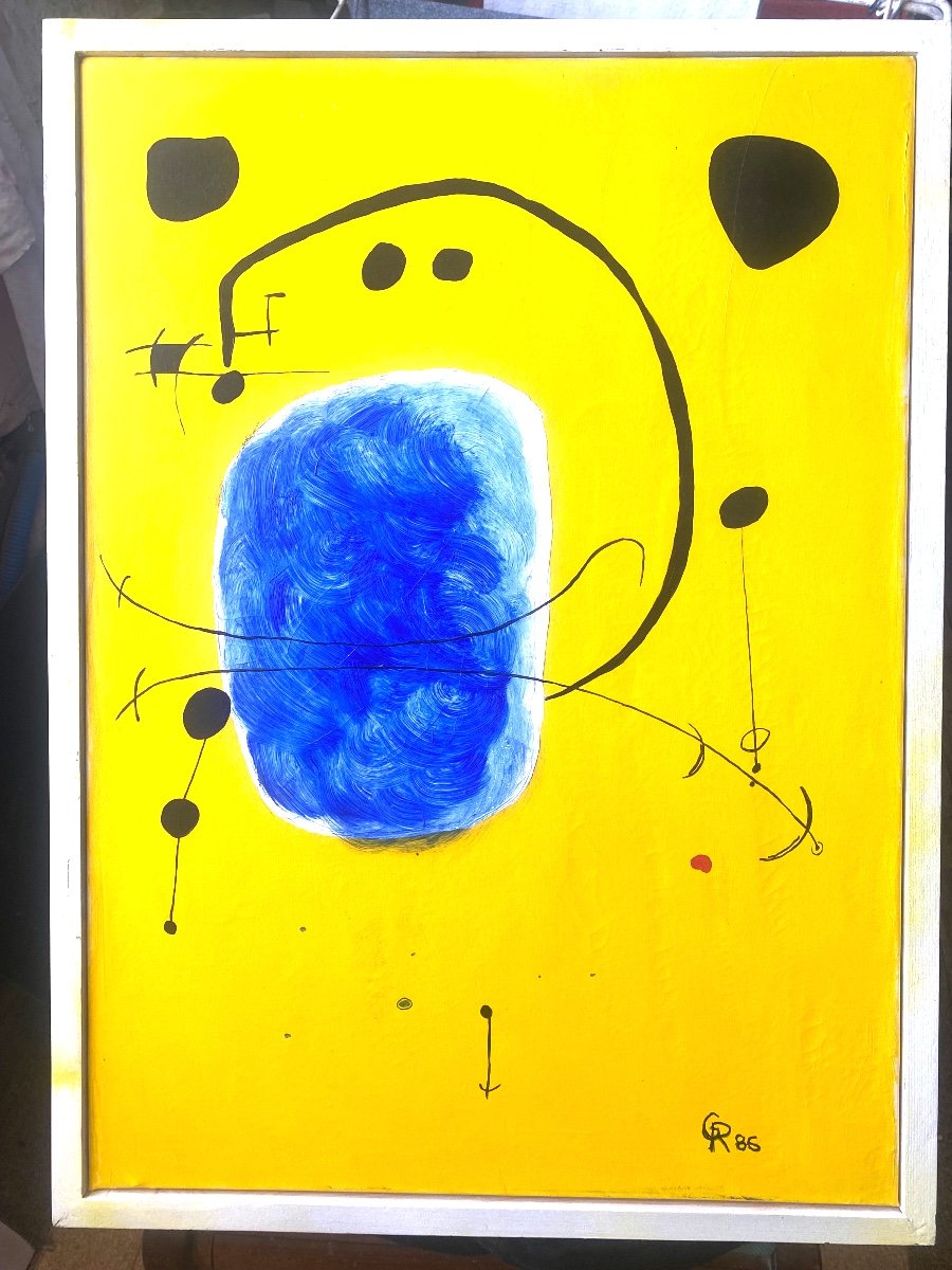 Grande Peinture Fond Jaune Monogrammée G.R. Datée 86 , Ecole De Miro, Acrylique Sur Toile, Enc.-photo-8