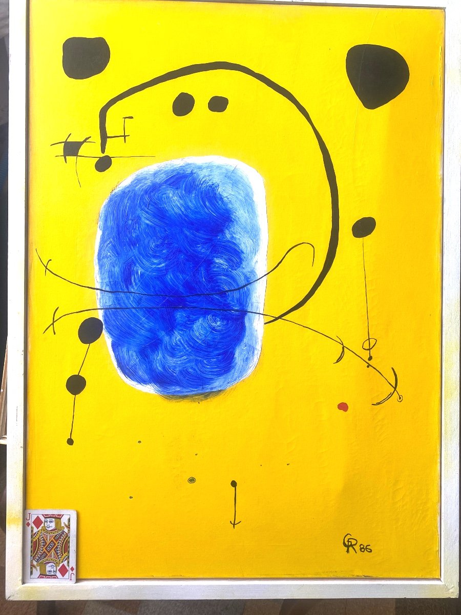 Grande Peinture Fond Jaune Monogrammée G.R. Datée 86 , Ecole De Miro, Acrylique Sur Toile, Enc.