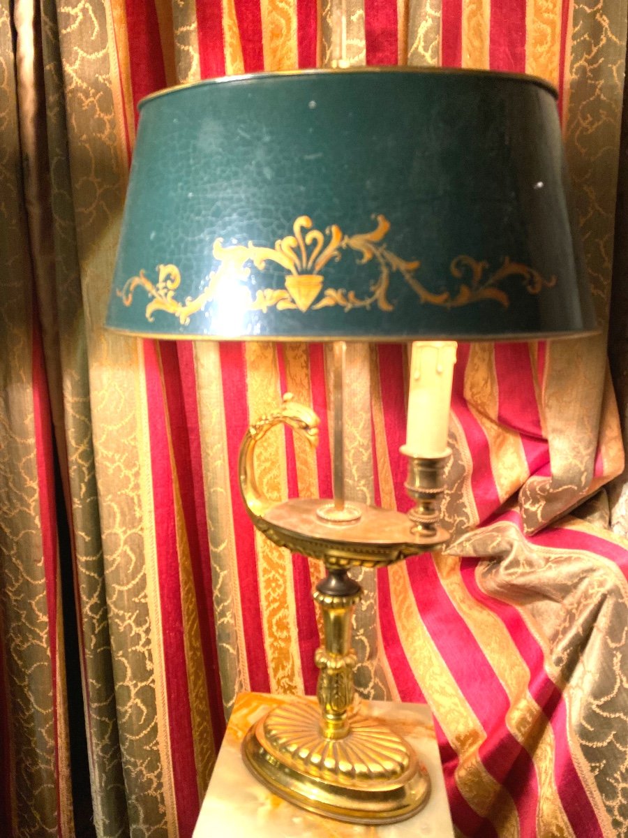 Cossue Gilt Bronze Desk Lamp Painted Sheet Metal Lampshade In Antique Oil Lamp Style 20th Century-photo-2