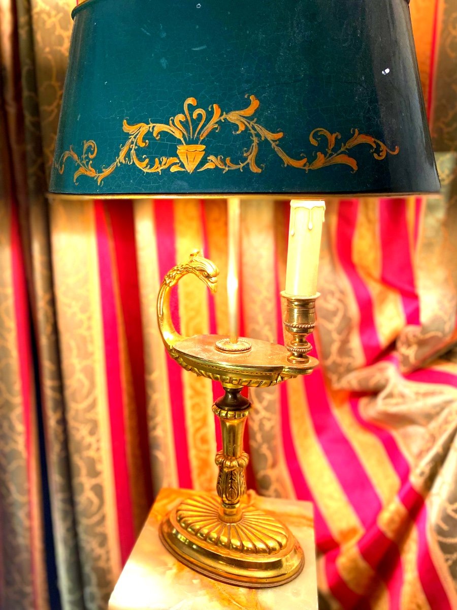 Cossue Gilt Bronze Desk Lamp Painted Sheet Metal Lampshade In Antique Oil Lamp Style 20th Century-photo-3