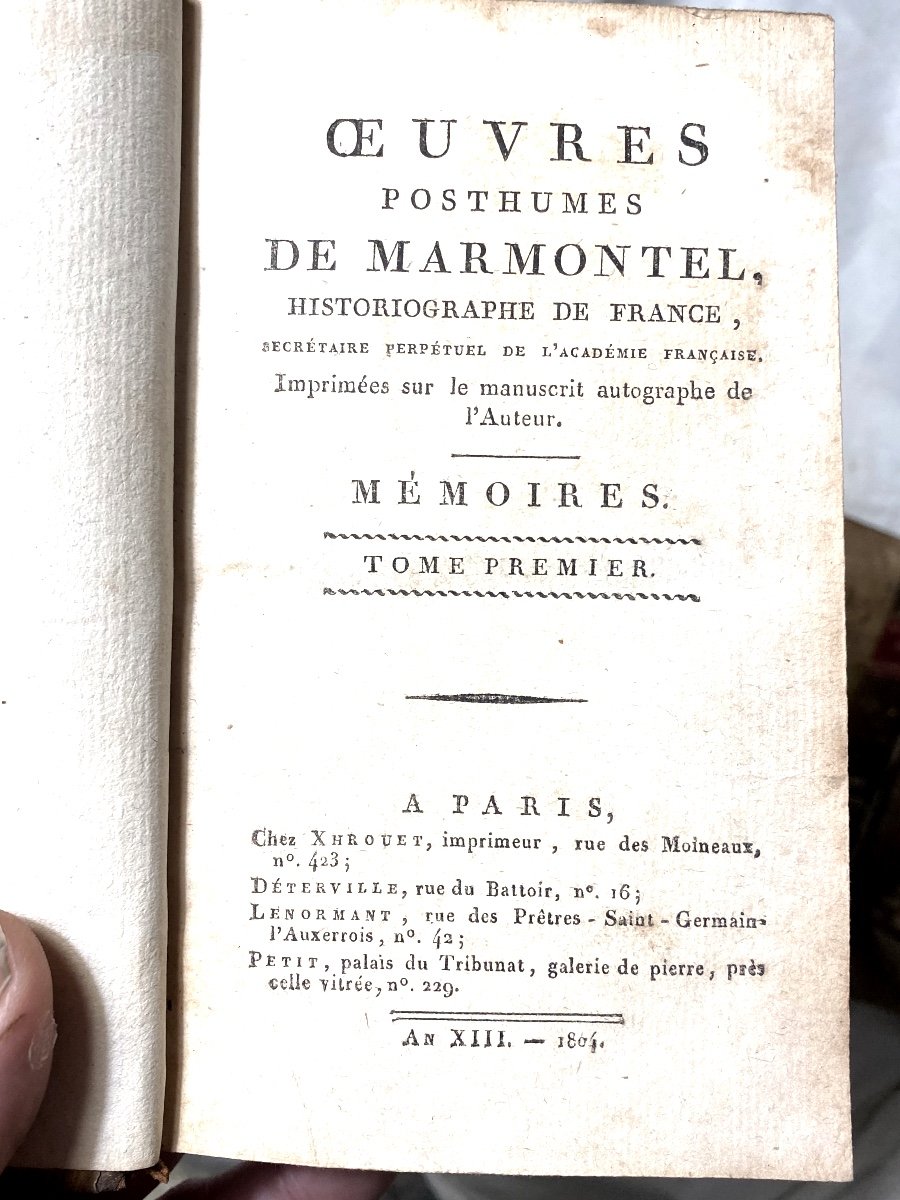 Complete Memoirs Of The Posthumous Works Of Marmontel In Four Volumes In 12. In Paris, Year XIII-photo-3