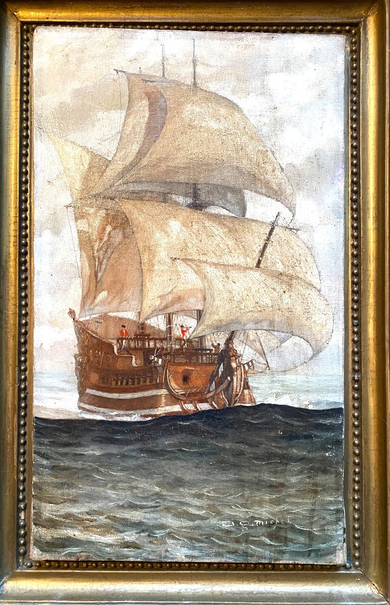  Beau Portrait Que Ce Vaisseau De Guerre Sur Une Mer Houleuse , Huile Sur Toile Encadrée , 19èm-photo-2