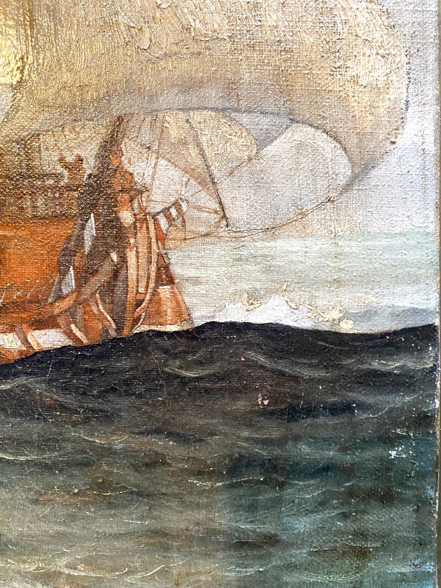  Beau Portrait Que Ce Vaisseau De Guerre Sur Une Mer Houleuse , Huile Sur Toile Encadrée , 19èm-photo-5