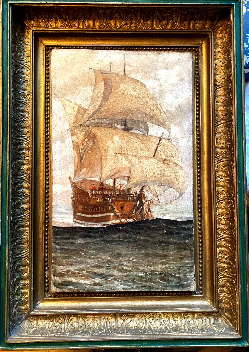  Beau Portrait Que Ce Vaisseau De Guerre Sur Une Mer Houleuse , Huile Sur Toile Encadrée , 19èm