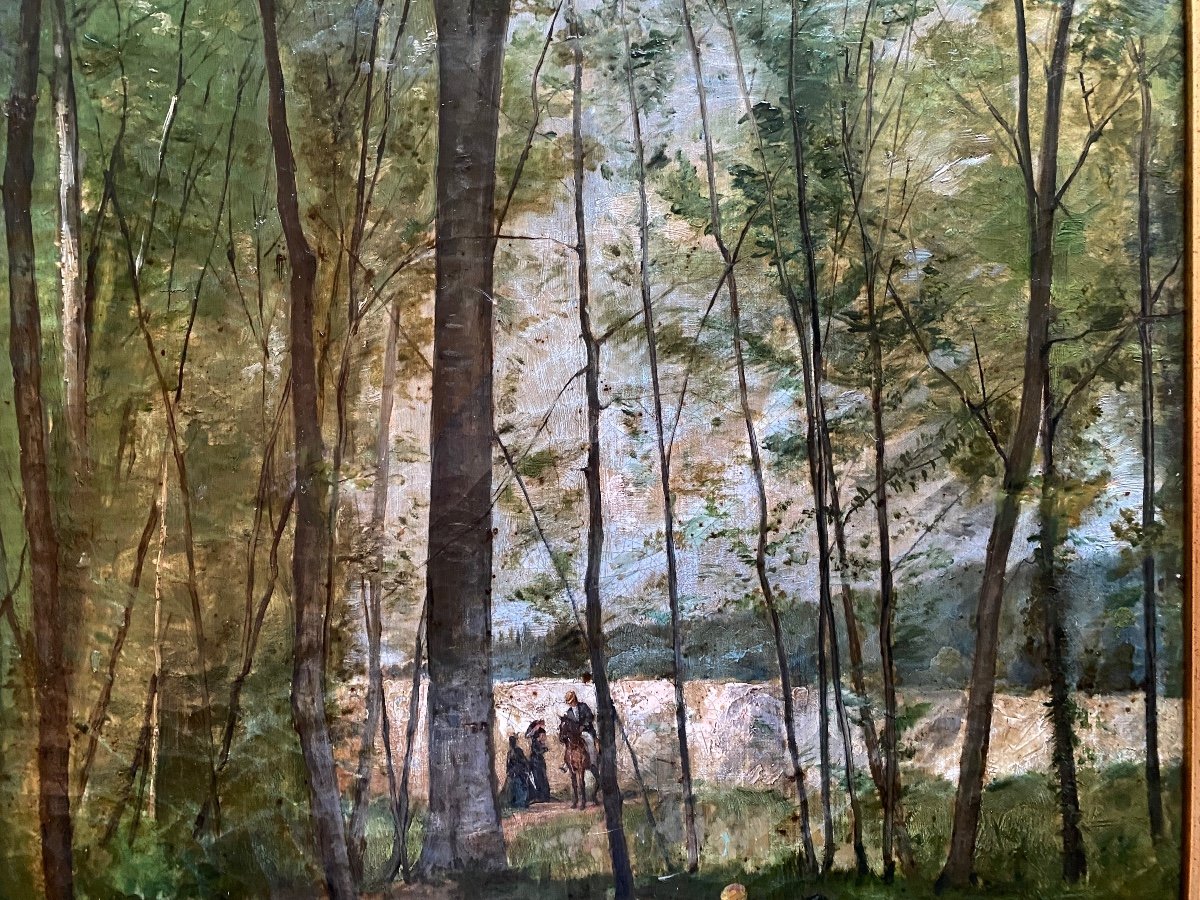 "Sous Bois Animé De Personnages", Huile Sur Toile Encadrée Fin XIXème ,d'école Impressionniste-photo-1