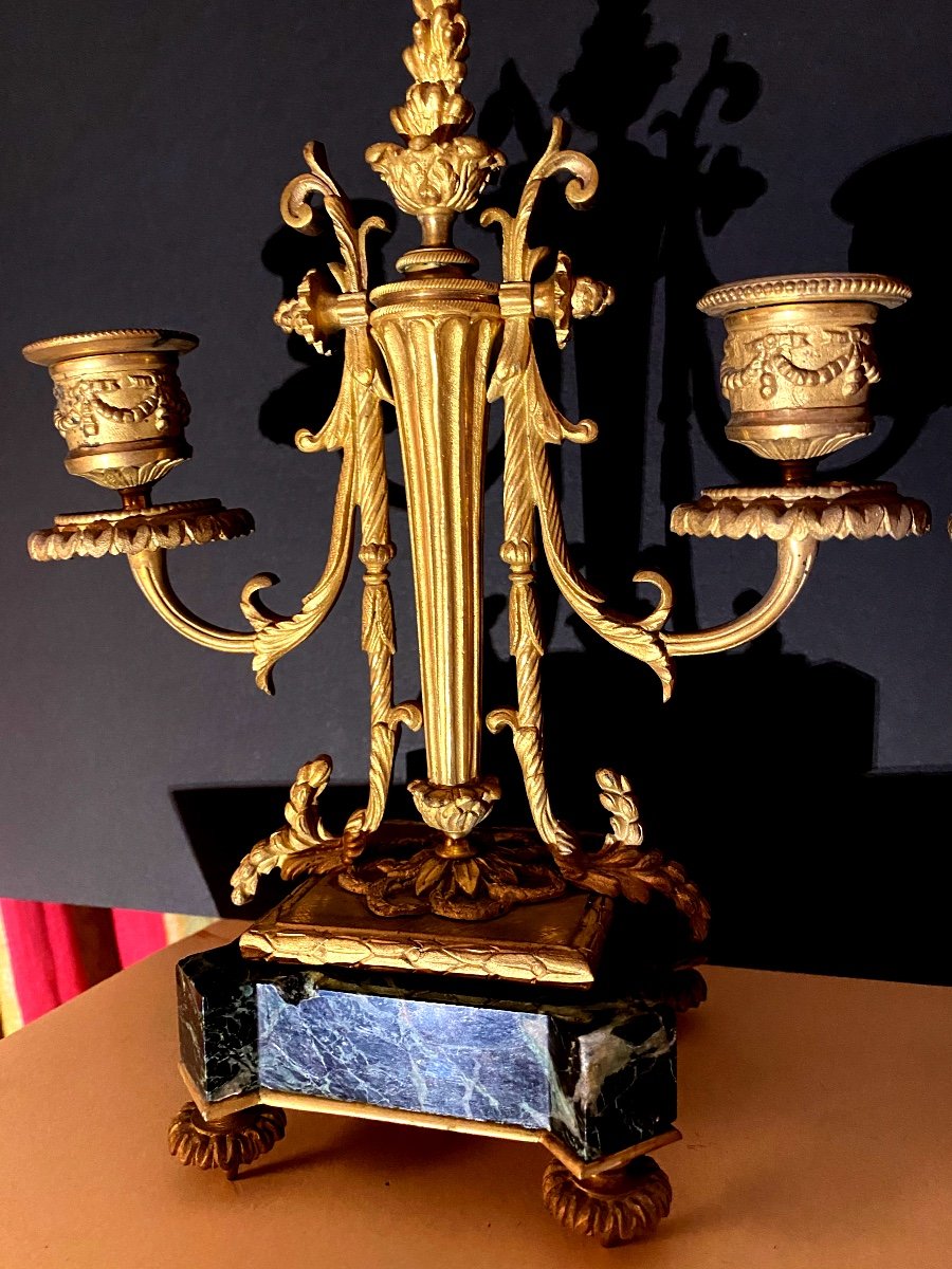 Paire De Bougeoirs Double En Bronze Doré Au Mercure ,socle Marbre Style Louis XVI, Début 19 ème-photo-2