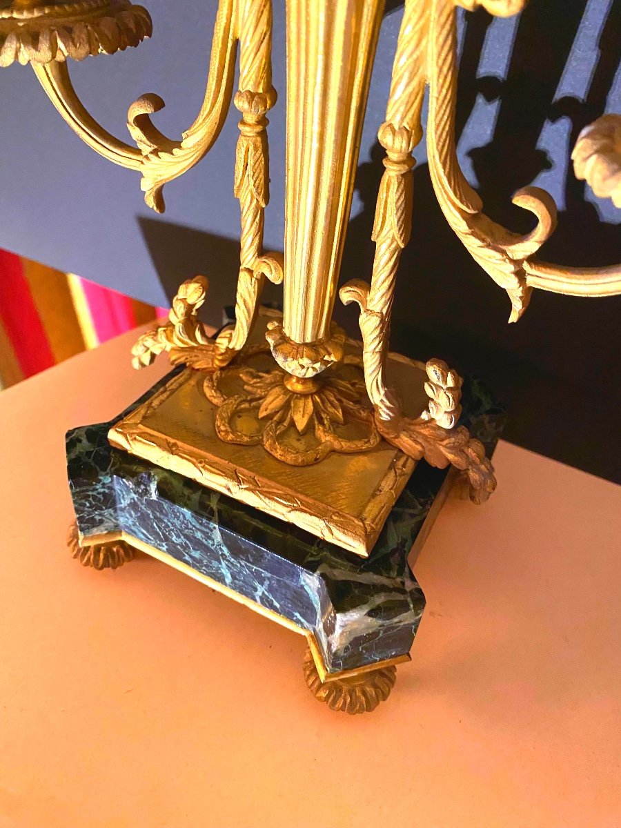 Paire De Bougeoirs Double En Bronze Doré Au Mercure ,socle Marbre Style Louis XVI, Début 19 ème-photo-4