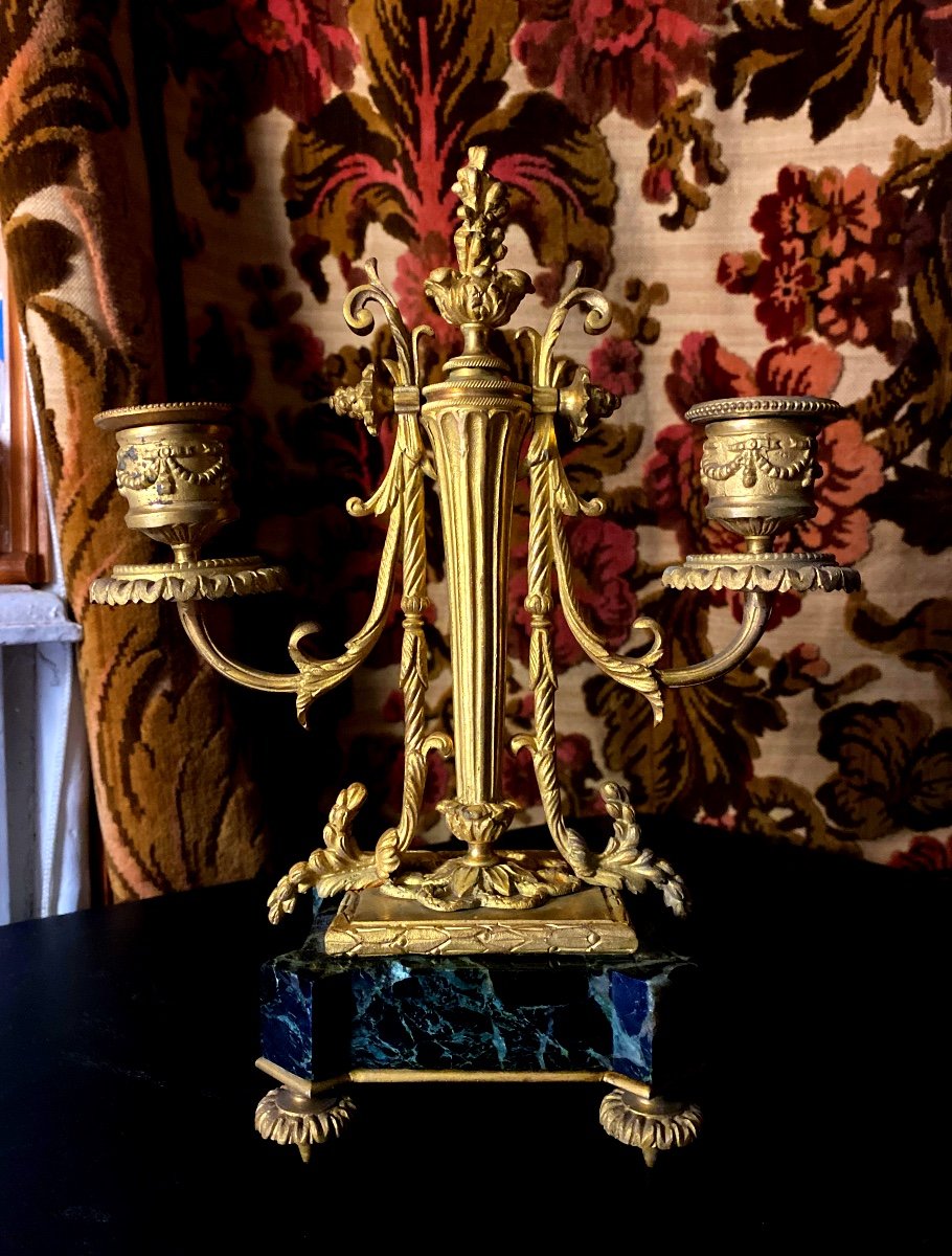 Paire De Bougeoirs Double En Bronze Doré Au Mercure ,socle Marbre Style Louis XVI, Début 19 ème-photo-5