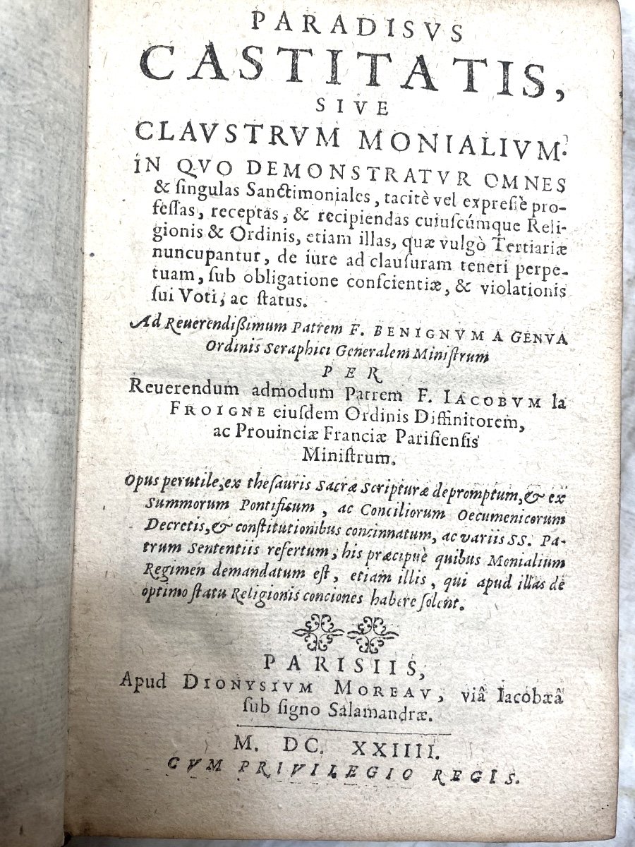 Strong Volume With Moroccan Arms: "paradisus Castitatis Seu Claustrum Monialium" Parisiis 1624 -photo-1