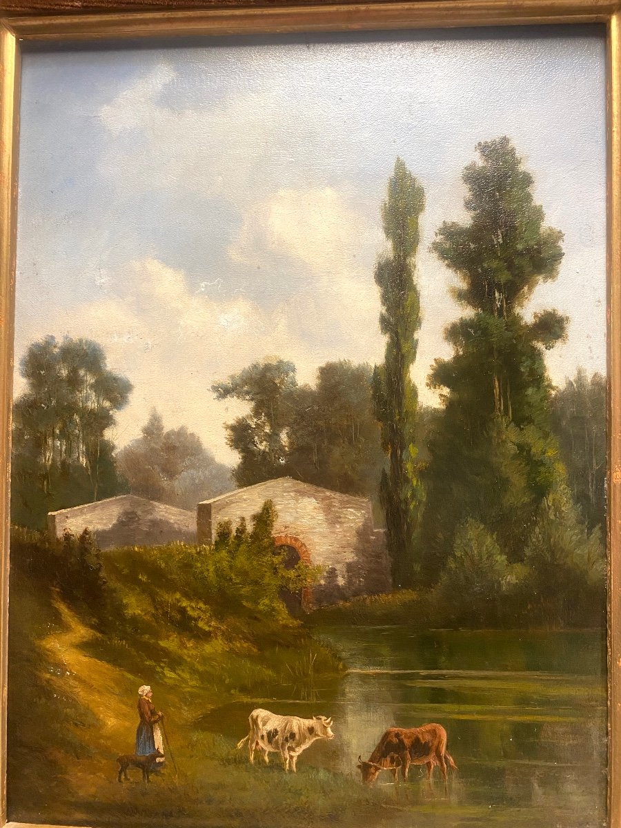 "landscape Of The Animated Countryside Of The Farmer's Wife At The Lake" Oil On Panel 19th Well Framed-photo-2