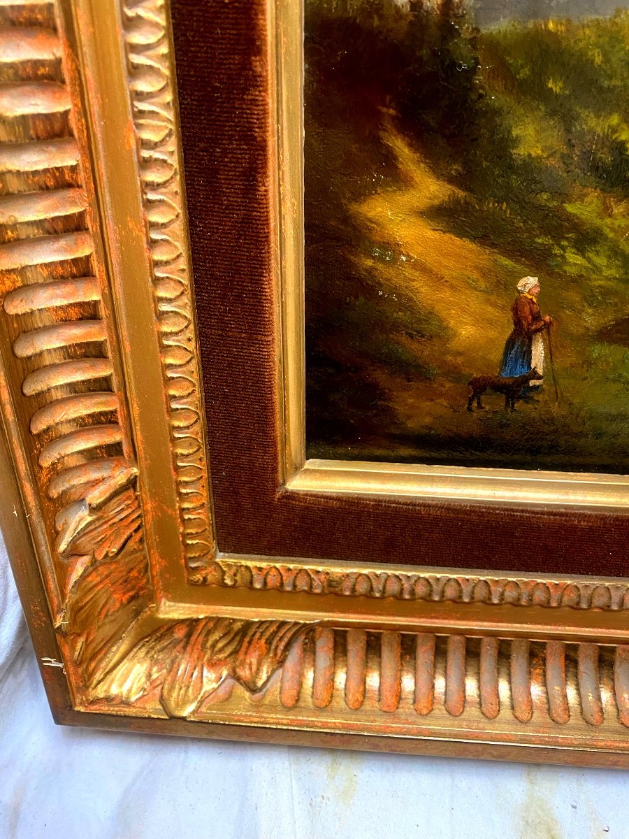 "landscape Of The Animated Countryside Of The Farmer's Wife At The Lake" Oil On Panel 19th Well Framed-photo-2