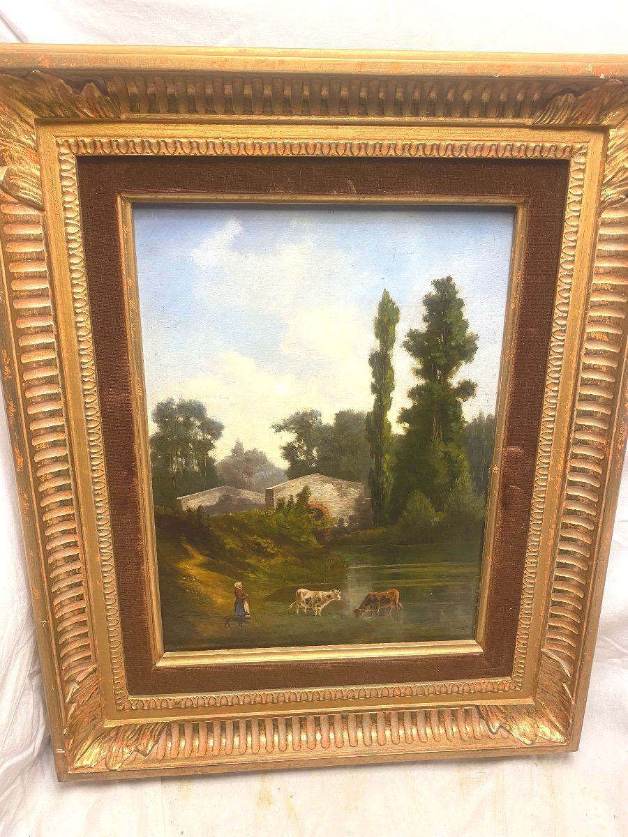 "landscape Of The Animated Countryside Of The Farmer's Wife At The Lake" Oil On Panel 19th Well Framed-photo-3