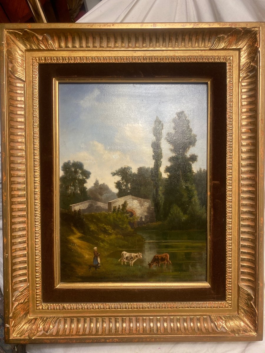 "landscape Of The Animated Countryside Of The Farmer's Wife At The Lake" Oil On Panel 19th Well Framed-photo-5