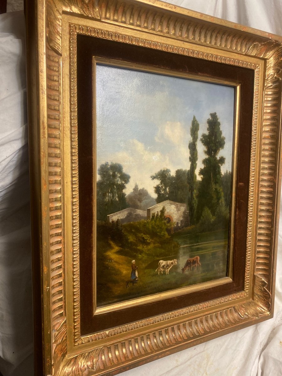 "landscape Of The Animated Countryside Of The Farmer's Wife At The Lake" Oil On Panel 19th Well Framed-photo-6