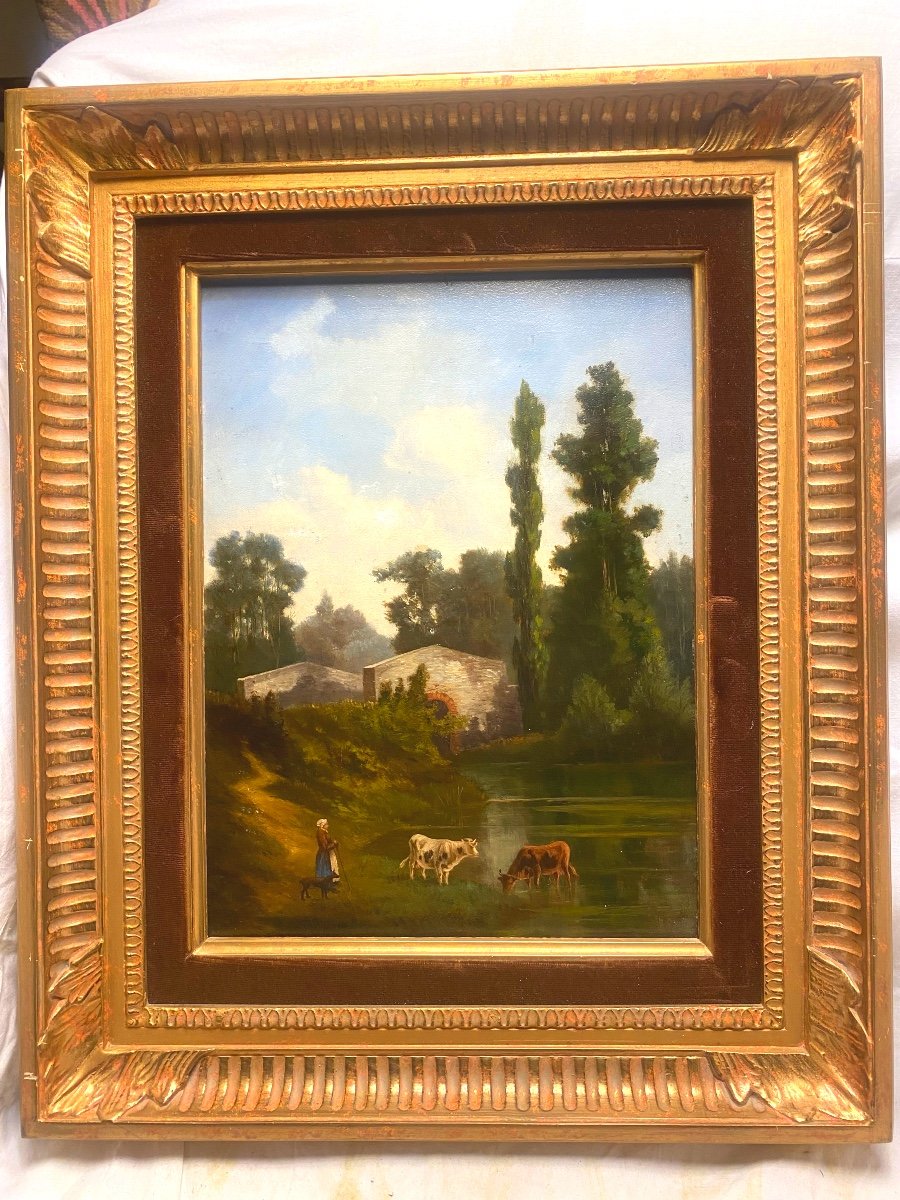 "landscape Of The Animated Countryside Of The Farmer's Wife At The Lake" Oil On Panel 19th Well Framed