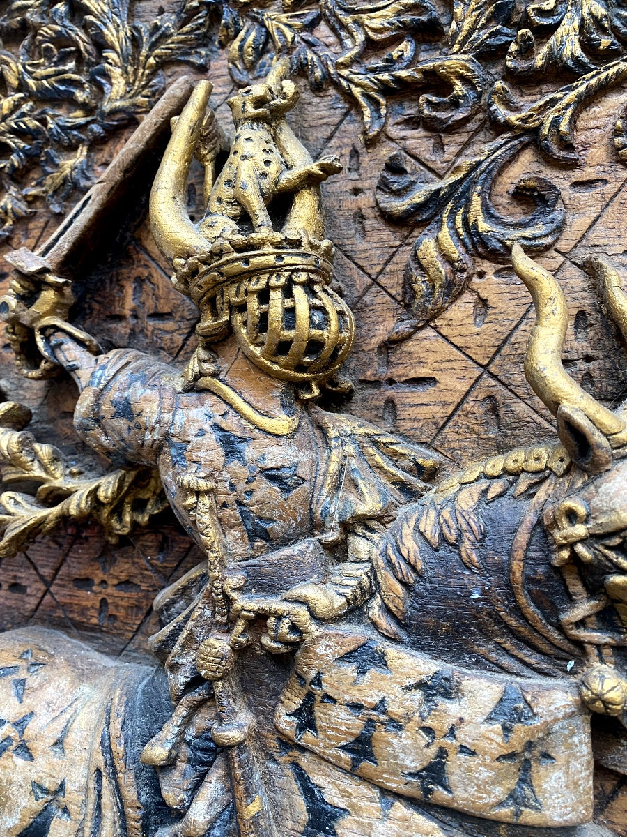 High Relief In Polychromed Oak, Very Well Carved: Tournament Of Knights In Confrontation-photo-2