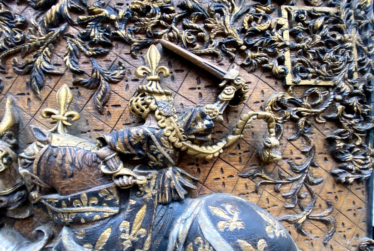 High Relief In Polychromed Oak, Very Well Carved: Tournament Of Knights In Confrontation-photo-4