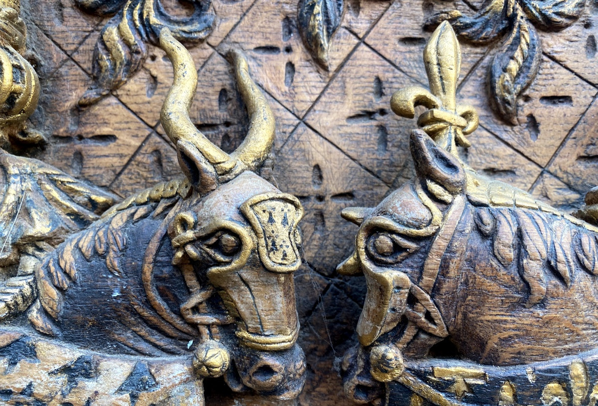 High Relief In Polychromed Oak, Very Well Carved: Tournament Of Knights In Confrontation-photo-6