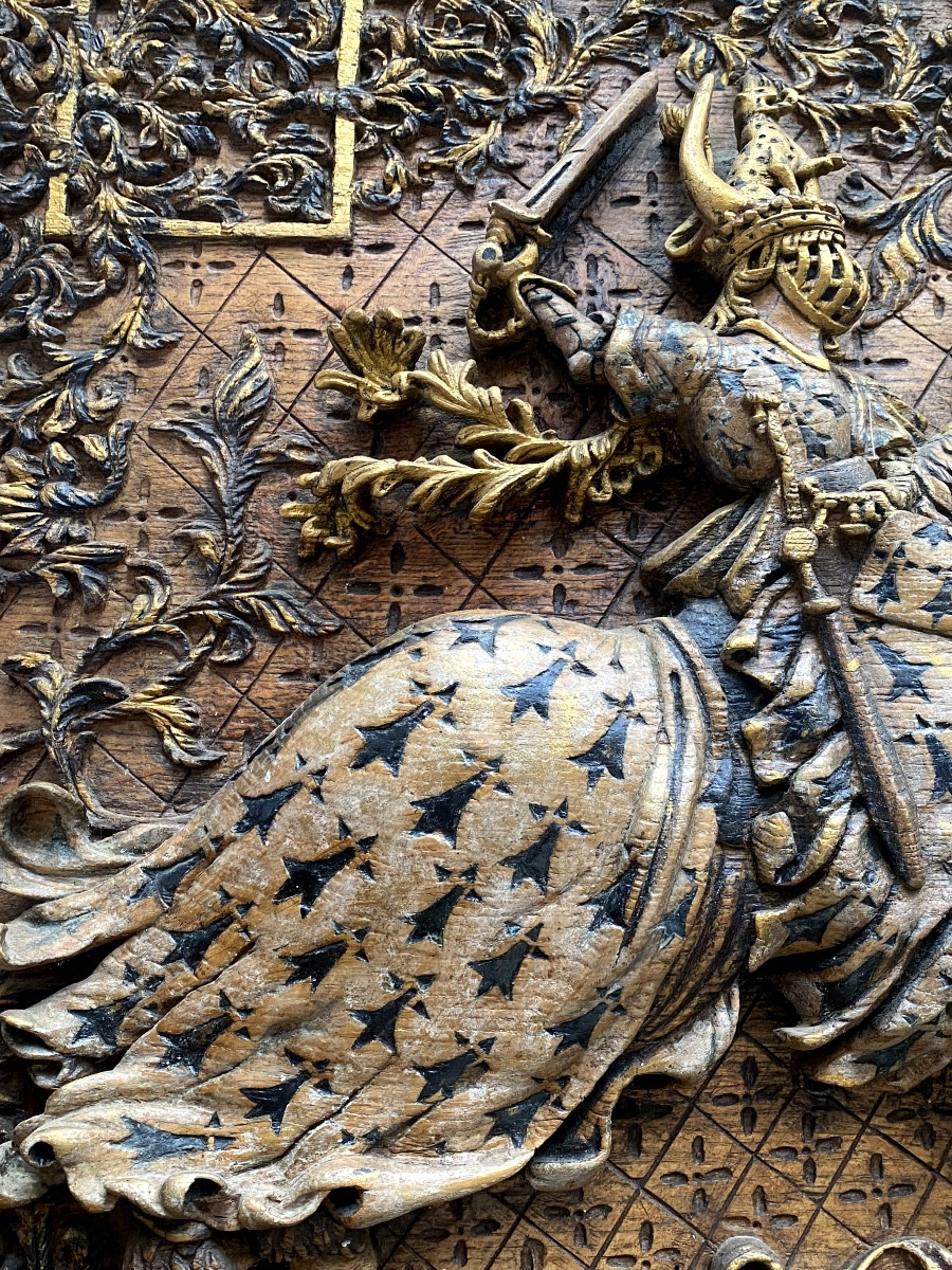 High Relief In Polychromed Oak, Very Well Carved: Tournament Of Knights In Confrontation-photo-8